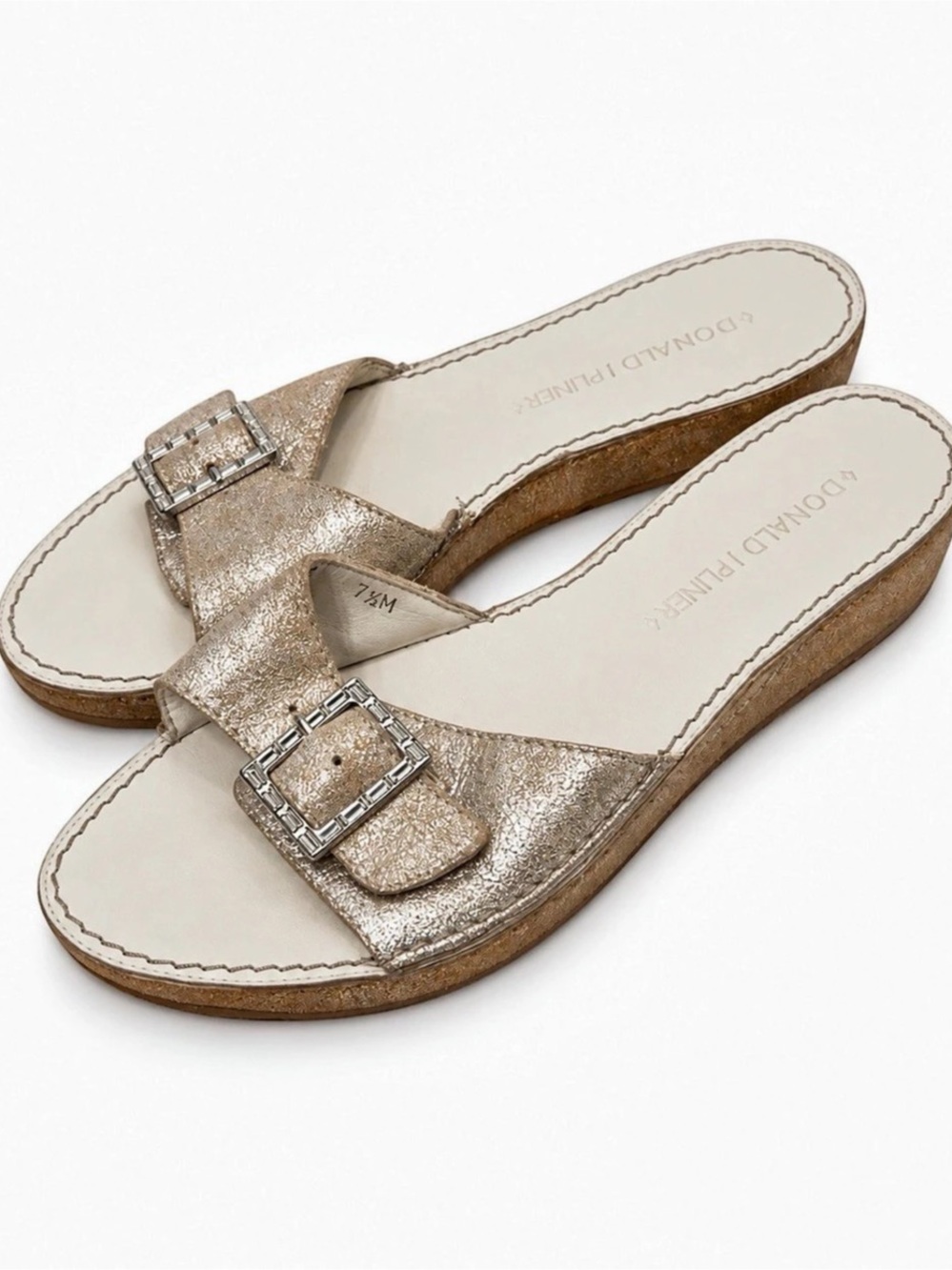 Donald J Pliner Metallic Champagne Buckle Short Wedge Sandals